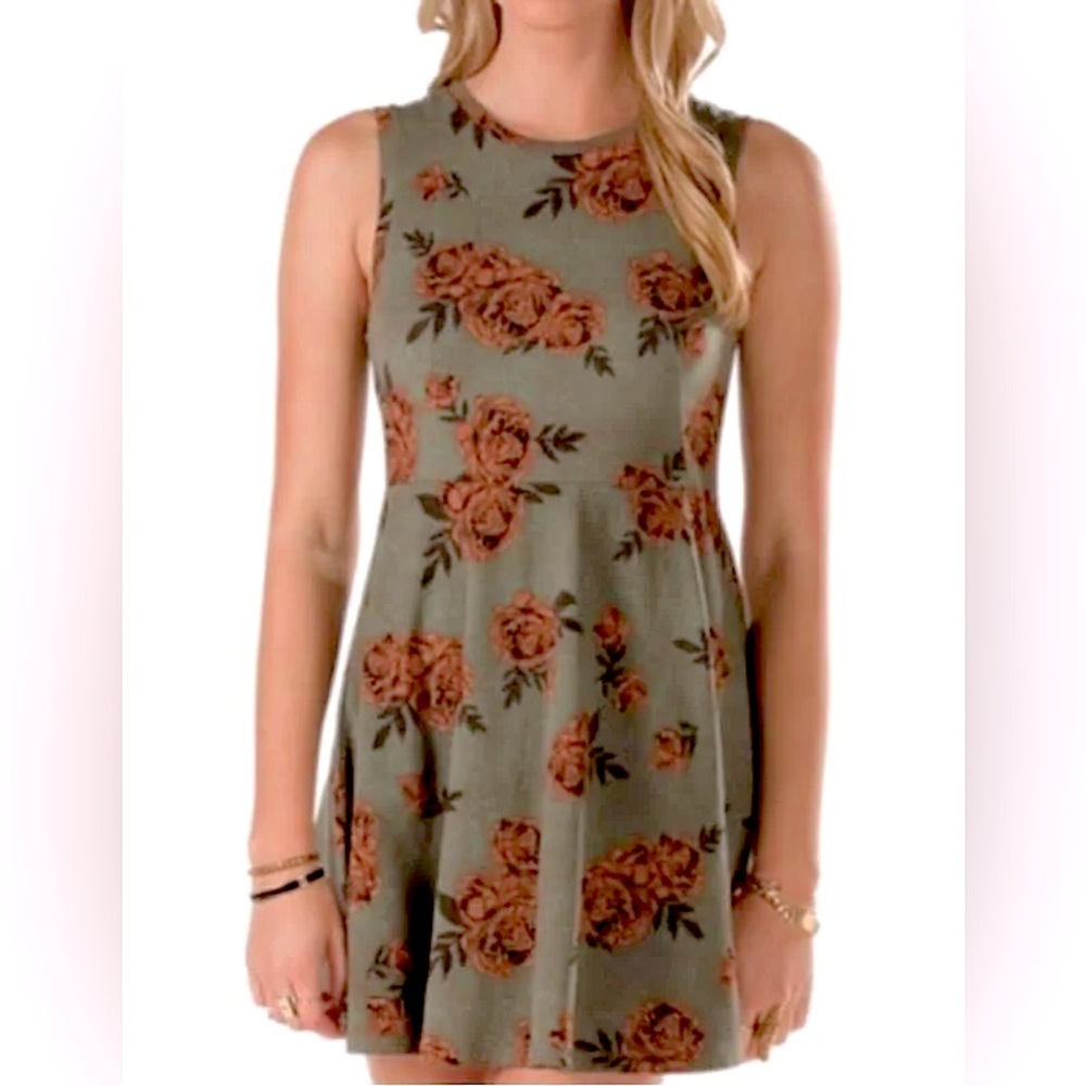 VANS Olive Green Floral Mini Fit & Flare Dress Stretch